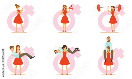 Modern Women Problem Due To Oppression By Men, Girl Power Vector Illustration Set Isolated On White Background