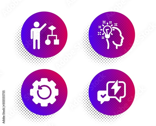 Recovery gear, Idea and Algorithm icons simple set. Halftone dots button. Lightning bolt sign. Backup info, Creative designer, Developers job. Messenger. Education set. Vector