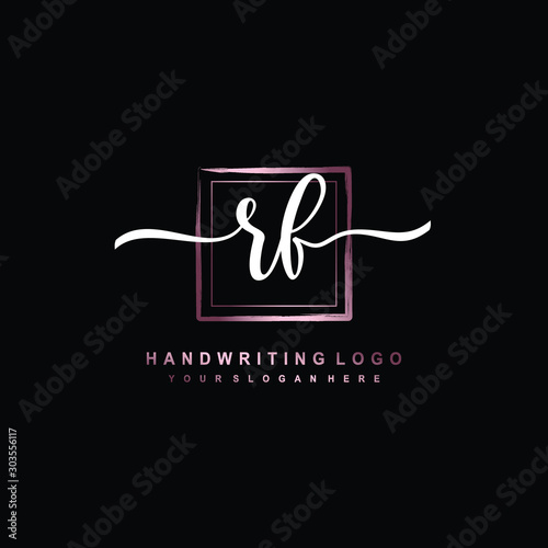 RF Initial handwriting logo design with brush box lines dark pink color gradation. handwritten logo for fashion, team, wedding, luxury logo. photo