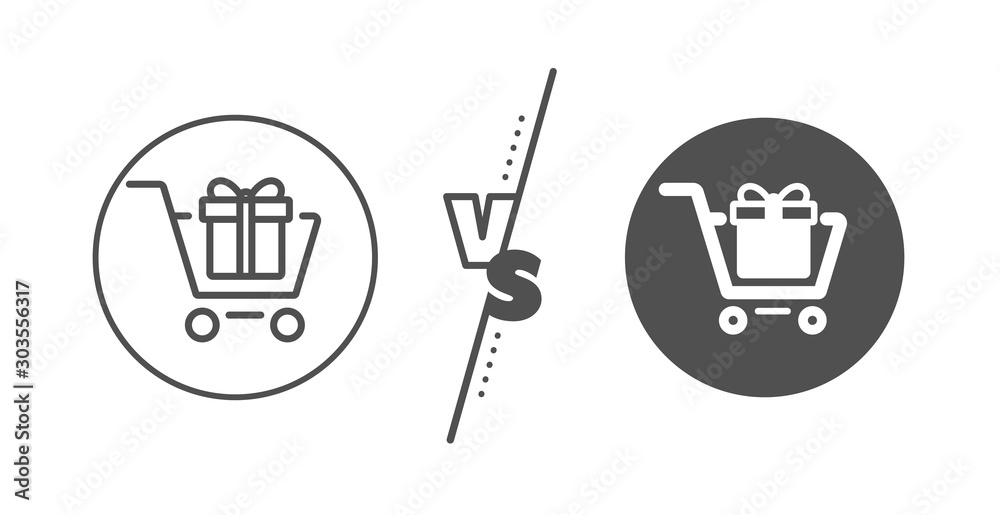 Present or Sale sign. Versus concept. Shopping cart with Gift box line icon. Birthday Shopping symbol. Package in Gift Wrap. Line vs classic shopping cart icon. Vector Present or Sale sign. Versus concept. Shopping cart with Gift box line icon. Birthday Shopping symbol. Package in Gift Wrap. Line vs classic shopping cart icon. Vector