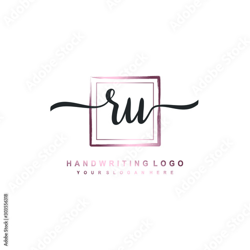 RU Initial handwriting logo design with brush box lines dark pink color gradation. handwritten logo for fashion, team, wedding, luxury logo. photo