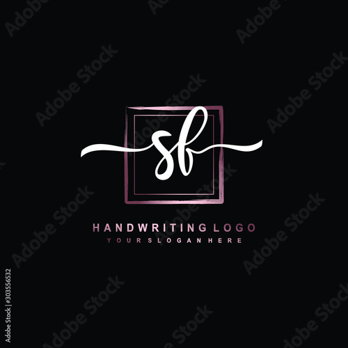 SF Initial handwriting logo design with brush box lines dark pink color gradation. handwritten logo for fashion, team, wedding, luxury logo.