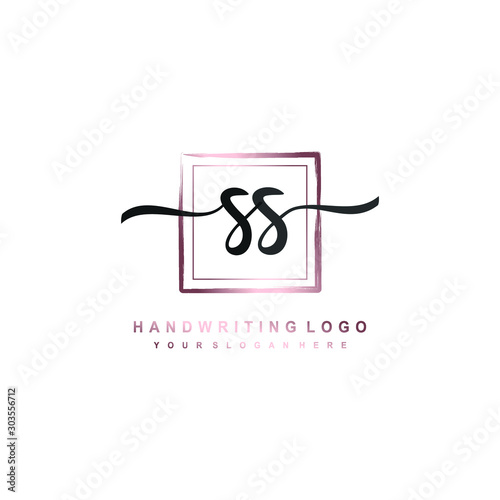 SS Initial handwriting logo design with brush box lines dark pink color gradation. handwritten logo for fashion, team, wedding, luxury logo. photo