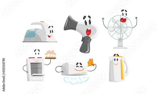 Cartoon Smiling Household Appliances Doing Something Vector Set