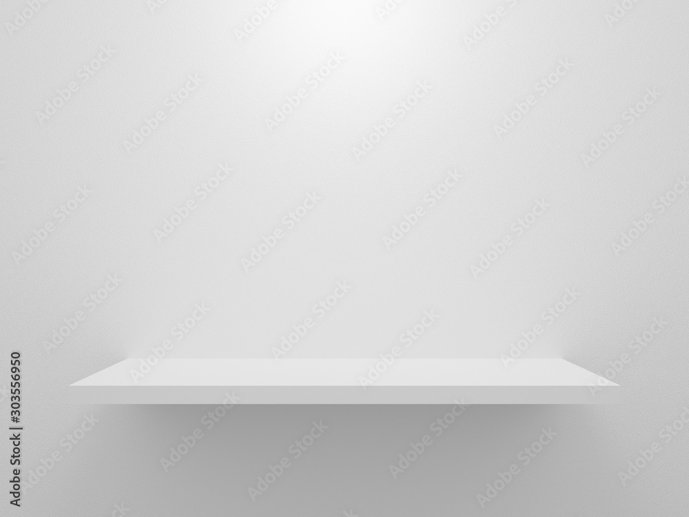 3d render of empty white shop shelf on wall