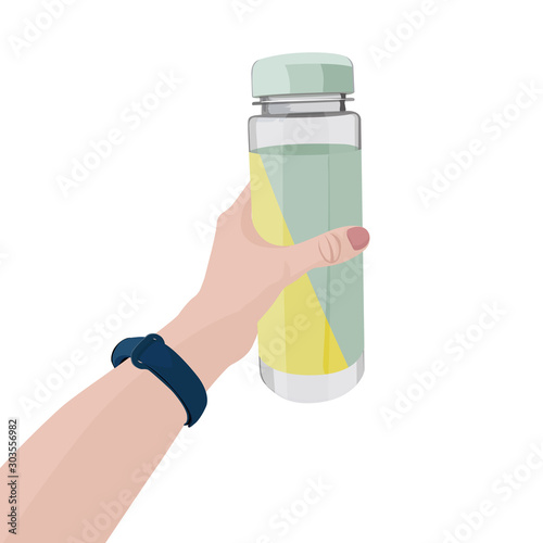 hand of young girl holding sport water bottle. Isolated on white background