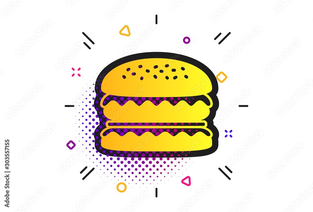 Hamburger icon. Halftone dots pattern. Burger food symbol. Cheeseburger sandwich sign. Classic flat burger icon. Vector Hamburger icon. Halftone dots pattern. Burger food symbol. Cheeseburger sandwich sign. Classic flat burger icon. Vector