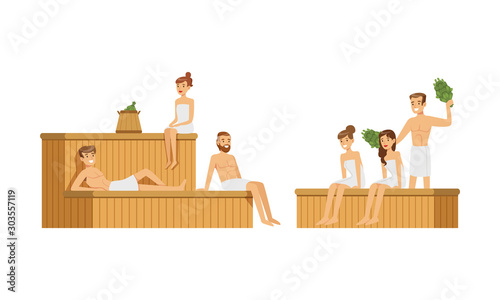 People Characters Spending Time in Sauna Vector Illustrations