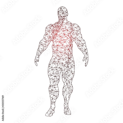 Bodybuilder silhouette. Icon of the posing athlete. Molecule and communication style icon. Connected lines with dots.
