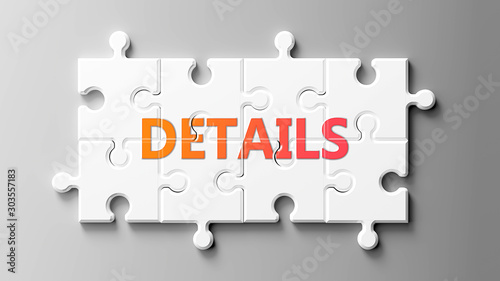 Details complex like a puzzle - pictured as word Details on a puzzle pieces to show that Details can be difficult and needs cooperating pieces that fit together, 3d illustration