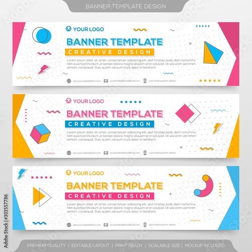 set of trendy banner template with memphis pattern style and retro concept