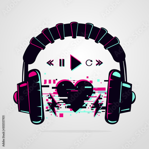Stereo headphones with glitch effect. Music electronic devise. Vector icon. Night party background.