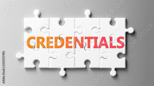 Credentials complex like a puzzle - pictured as word Credentials on a puzzle pieces to show that Credentials can be difficult and needs cooperating pieces that fit together, 3d illustration photo