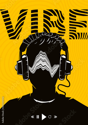 Music poster with male hean on headphones. Night party dj. Electro dance festival backround. Vector illustration.