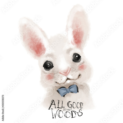 Cute hand drawn bunny, rabbit with bow, woodland watercolor animal portrait © creationsofanna