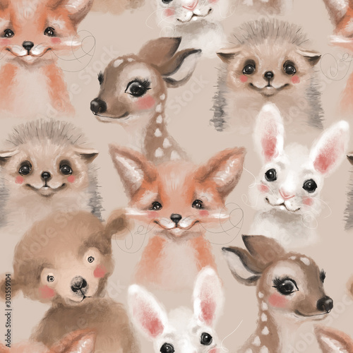 Beautiful seamless, tileable, watercolor pattern with woodland animals - deer, bunny, hedgehog, bear and fox