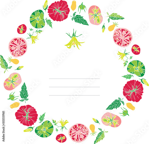 Isolated on white colorful vector wreath or circle frame made of different types or sorts of tomatoes, leaves, buds and flowers