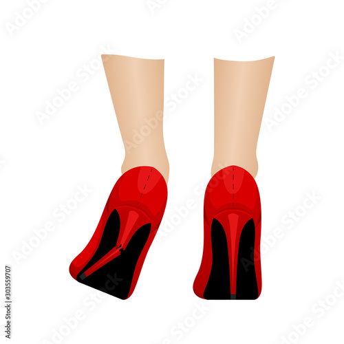 The girl in the red slippers broke her heel. Shoe repair. Vector illustration.