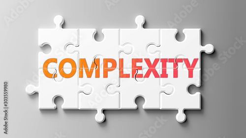 Complexity complex like a puzzle - pictured as word Complexity on a puzzle pieces to show that Complexity can be difficult and needs cooperating pieces that fit together, 3d illustration photo