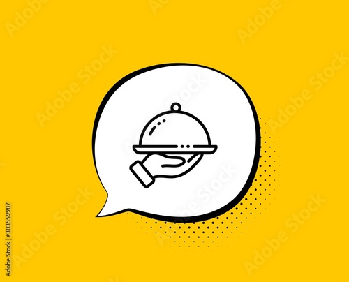 Restaurant food line icon. Comic speech bubble. Dinner sign. Hotel room service symbol. Yellow background with chat bubble. Restaurant food icon. Colorful banner. Vector