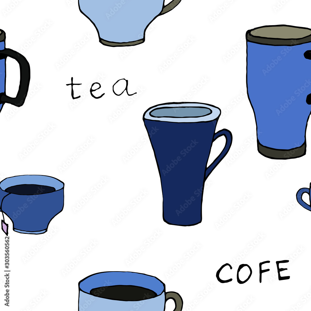 Tea and coffee cups, mugs. Vector illustration. Seamless texture. Pattern. For print, design, back surface, textiles, tablecloths, kitchens, packaging, bedding. Colored hand drawn vector illu