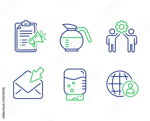 Megaphone checklist, Coffeepot and Employees teamwork line icons set. Water cooler, Open mail and International recruitment signs. Brand check, Brewed coffee, Collaboration. Office drink. Vector