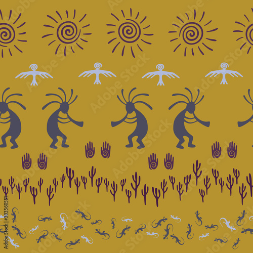 Traditional, design with trickster god, swirl icons on human palm, sun, eagle.