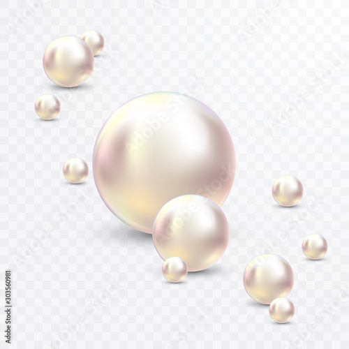 Vector Illustration for your design. Luxury beautiful shining jewellery background with white pearls vector illustration. Beautiful shiny natural pearls. With transparent glares and highlights for