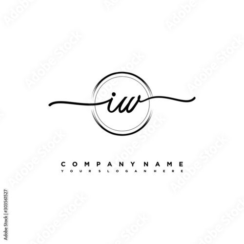 IW Initial handwriting logo design with brush circle lines black color. handwritten logo for fashion, team, wedding, luxury logo. photo