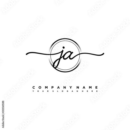 JA Initial handwriting logo design with brush circle lines black color. handwritten logo for fashion, team, wedding, luxury logo. photo