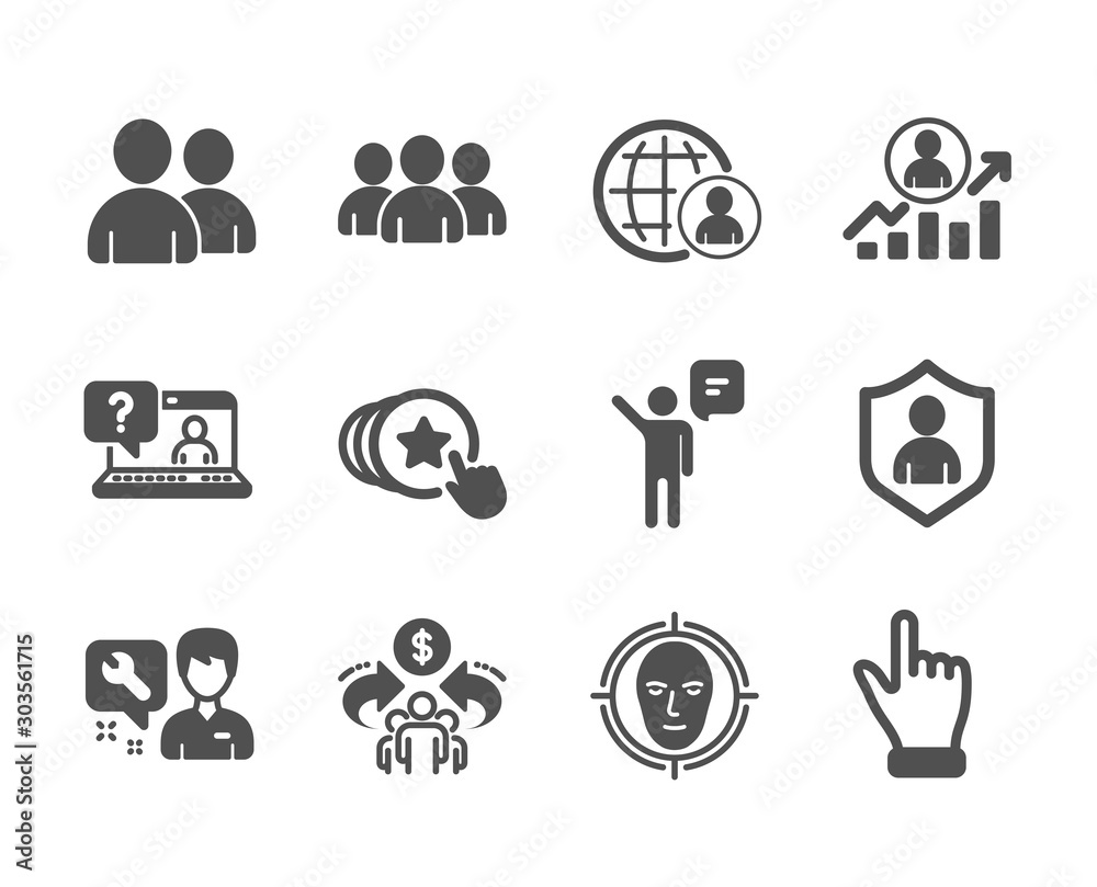 Set of People icons, such as International recruitment, Faq, Users, Security, Face detect, Click hand, Repairman, Sharing economy, Career ladder, Group, Agent, Hold heart classic icons. Vector Set of People icons, such as International recruitment, Faq, Users, Security, Face detect, Click hand, Repairman, Sharing economy, Career ladder, Group, Agent, Hold heart classic icons. Vector