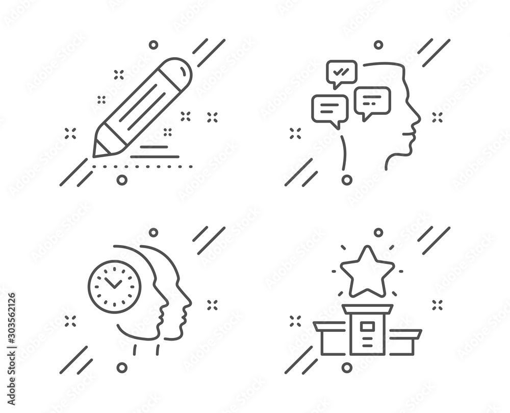 Obraz premium Brand contract, Time management and Messages line icons set. Winner podium sign. Edit report, Teamwork clock, Notifications. First place. Education set. Line brand contract outline icon. Vector