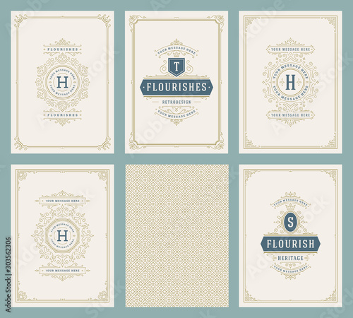 Vintage ornament greeting cards set vector templates.