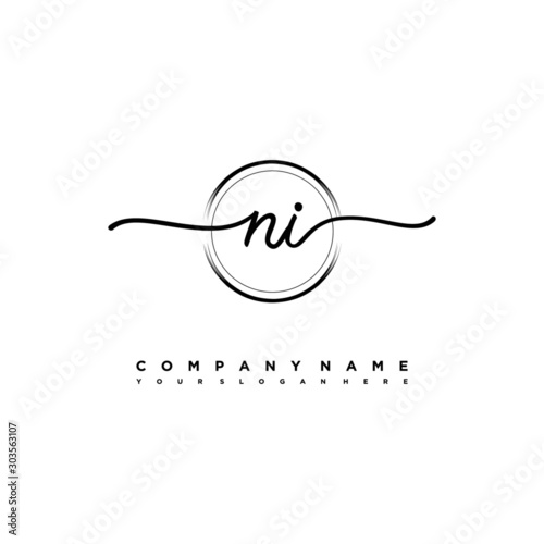NI Initial handwriting logo design with brush circle lines black color. handwritten logo for fashion, team, wedding, luxury logo.