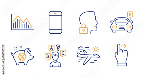 Piggy sale, Airplane travel and Parking line icons set. Smartphone, Quiz test and Unlock system signs. Investment graph, Touchscreen gesture symbols. Discounts, Trip flight. Business set. Vector