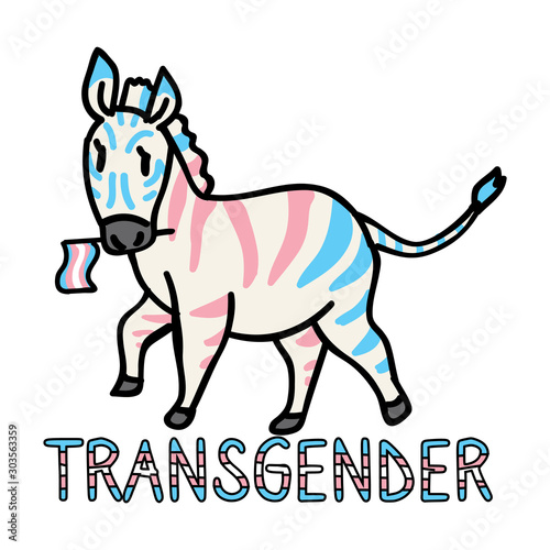 Adorable Cartoon Transgender Zebra Clip Art. Gay Safari Animal Icon. Queer Flag Kawaii Motif Illustration Doodle in Flat Color. Isolated Wildlife, Diversity, Gender and equality Character. 