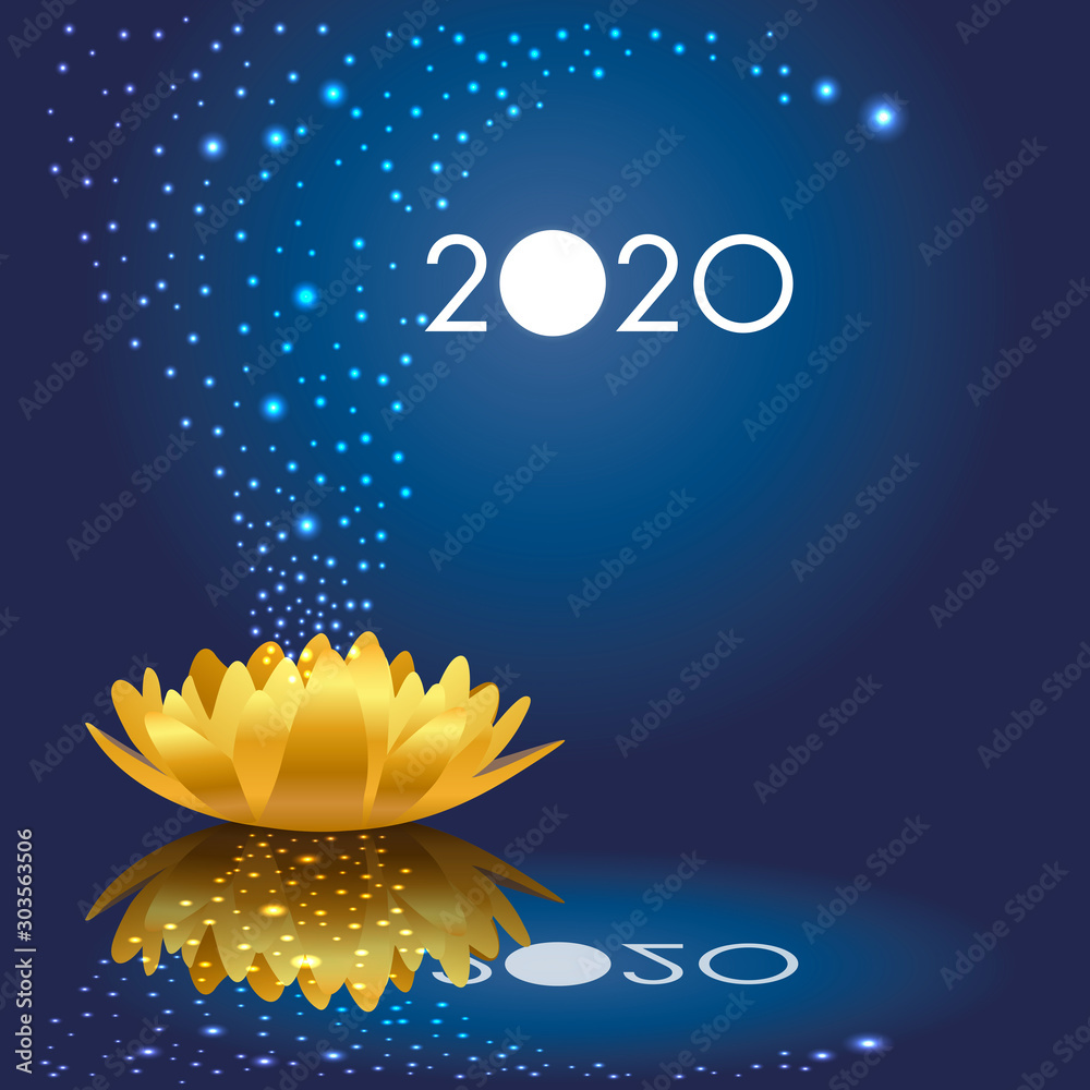 Φωτογραφία Carte de vœux 2020 poétique avec des étoiles qui sortent d’un nénuphar en or qui s’ouvre sur une nouvelle année féerique et poétique