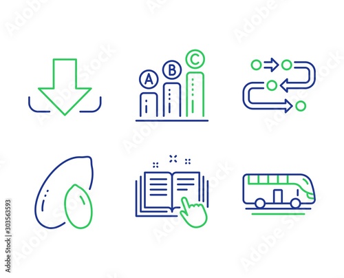 Download, Peanut and Graph chart line icons set. Methodology, Technical documentation and Bus tour signs. Load file, Vegetarian nut, Growth report. Development process. Business set. Vector