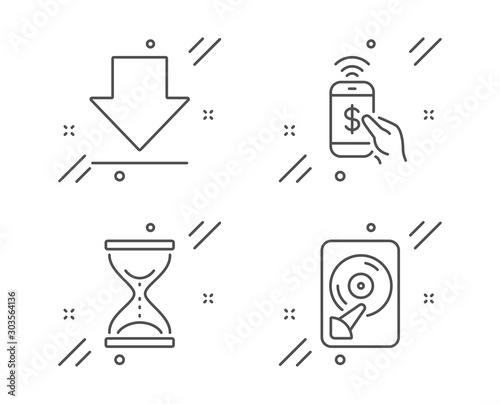 Phone payment, Downloading and Time hourglass line icons set. Hdd sign. Mobile pay, Load information, Sand watch. Memory disk. Business set. Line phone payment outline icon. Vector