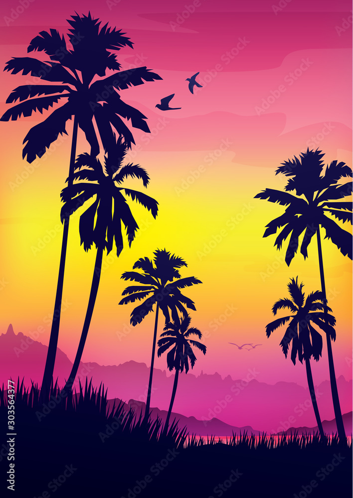landscape with coconut palm trees at sunset background ,Silhouette vector background.