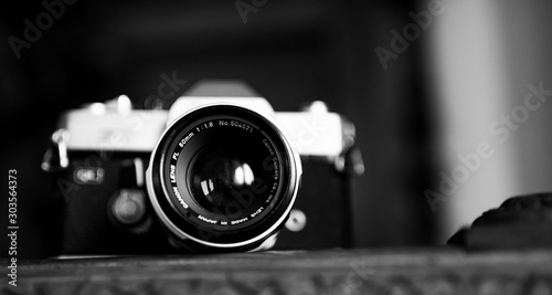 portrait of an vintage film camera from the 1960s in black and white 