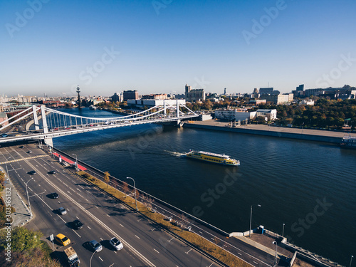 Aerial view of the Crimean (Krymsky) bridge on Moscow river in Moscow city, Russia