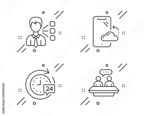 Third party, 24h delivery and Smartphone cloud line icons set. Employees talk sign. Team leader, Stopwatch, Phone backup. Collaboration. Technology set. Line third party outline icon. Vector