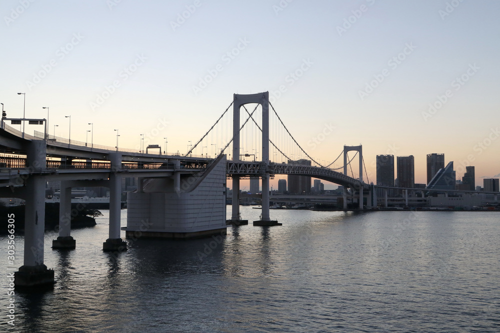 View from Odaiba to Tokyo Bay with Rainbow Bridge at dusk, Tokyo, Japan View from Odaiba to Tokyo Bay with Rainbow Bridge at dusk, Tokyo, Japan