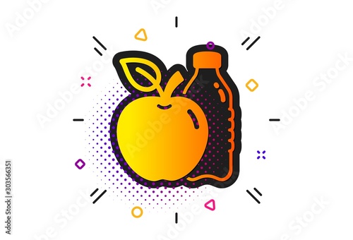Fruit, water bottle sign. Halftone circles pattern. Apple icon. Natural food symbol. Classic flat apple icon. Vector