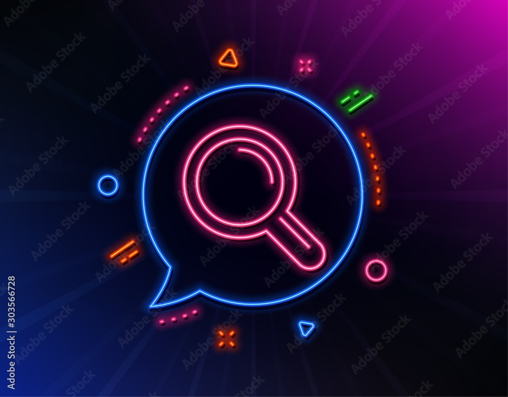 Research line icon. Neon laser lights. Magnifying glass symbol. Magnifier sign. Glow laser speech bubble. Neon lights chat bubble. Banner badge with research icon. Vector Research line icon. Neon laser lights. Magnifying glass symbol. Magnifier sign. Glow laser speech bubble. Neon lights chat bubble. Banner badge with research icon. Vector
