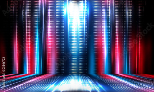 Background of empty show scene. Empty dark modern abstract neon background. Glow of neon lights on an empty stage  diodes  rays and lines. Lights of the night city.