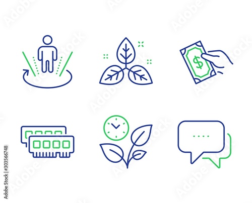 Pay money, Augmented reality and Fair trade line icons set. Leaves, Ram and Message signs. Hold cash, Virtual reality, Leaf. Grow plant. Business set. Line pay money outline icons. Vector