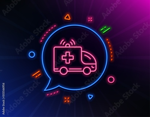 Ambulance car line icon. Neon laser lights. Medical emergency transport sign. Glow laser speech bubble. Neon lights chat bubble. Banner badge with ambulance car icon. Vector