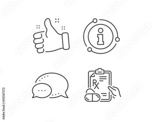 Prescription Rx recipe line icon. Chat bubble, info sign elements. Medicine drugs pills sign. Linear prescription drugs outline icon. Information bubble. Vector